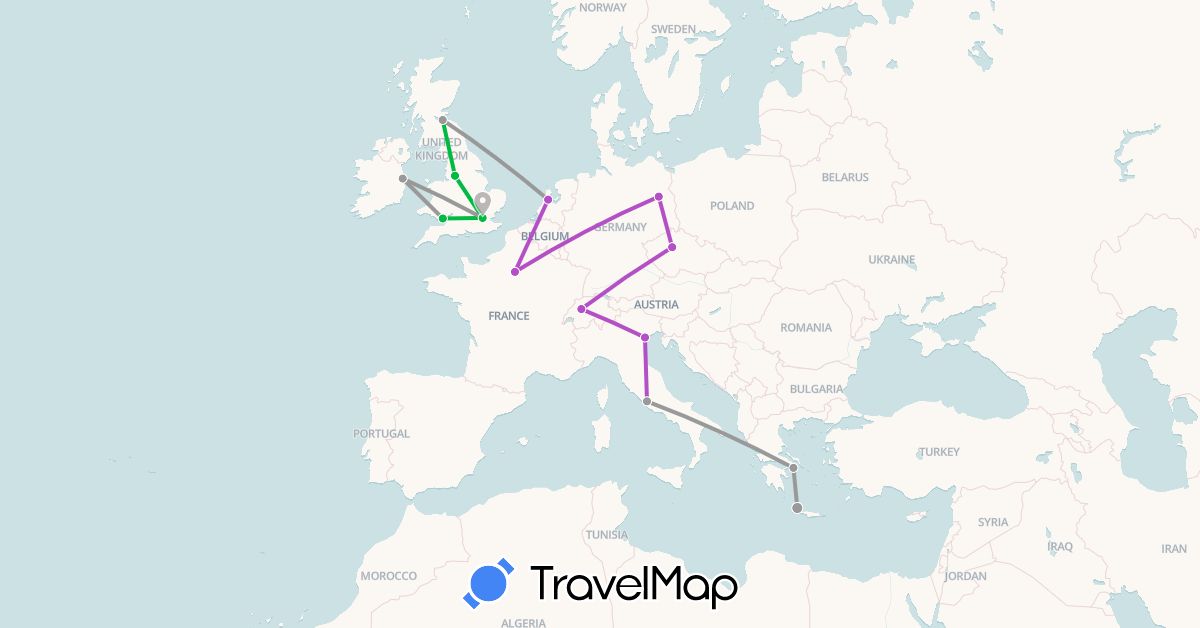 TravelMap itinerary: driving, bus, plane, train in Switzerland, Czech Republic, Germany, France, United Kingdom, Greece, Ireland, Italy, Netherlands (Europe)